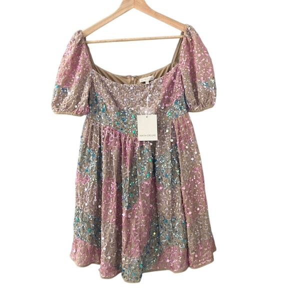 Maya Deluxe NEW Puff Sleeve Sequin Embellished Mini Dress - Gold Multi - 6 - Picture 1 of 10